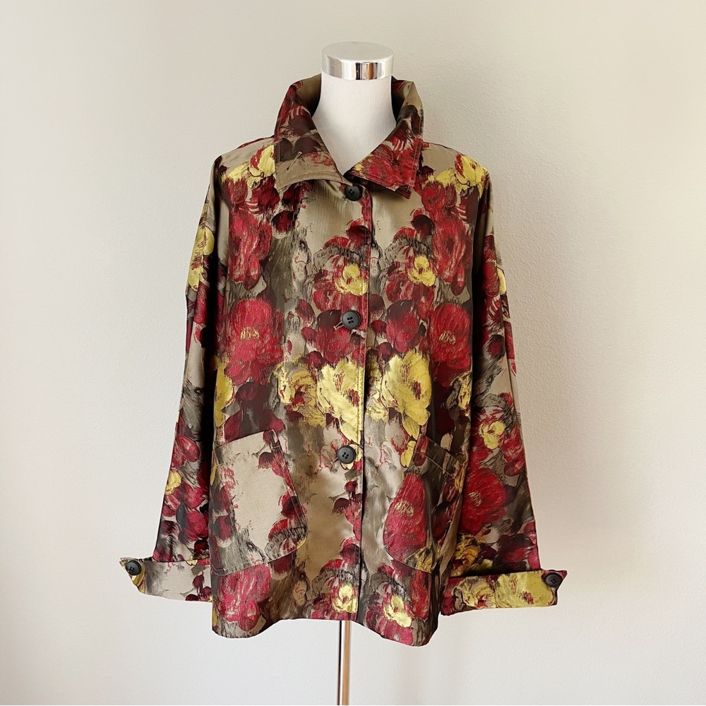 UBU Multicolor Art to Wear Artsy Floral Jacket Sz L Roses Are Red Water Repellan